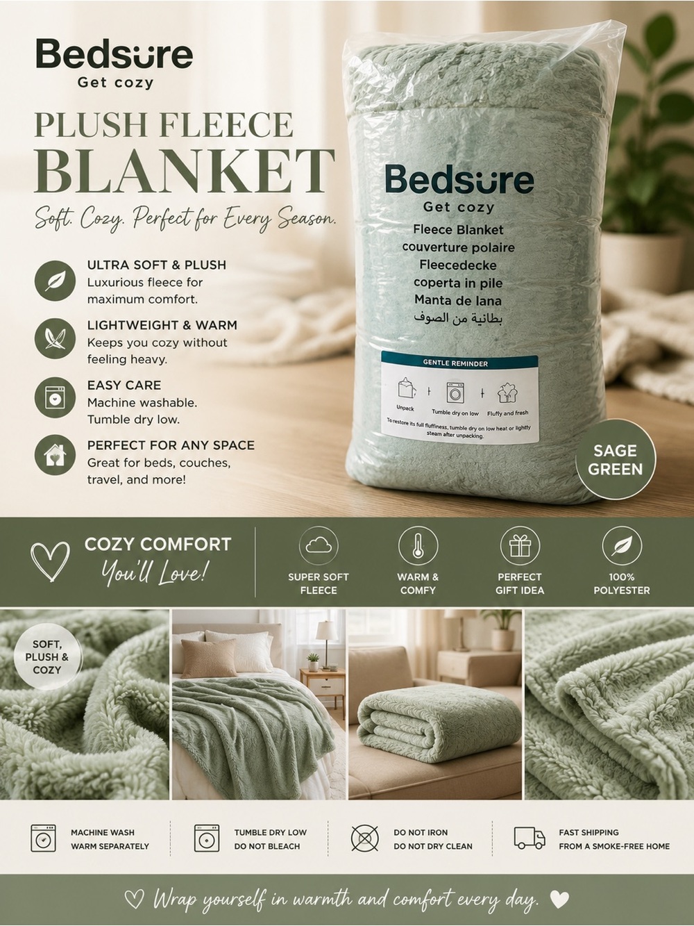 Bedsure Fleece Blanket – Sage Green – New in Vacuum Packaging